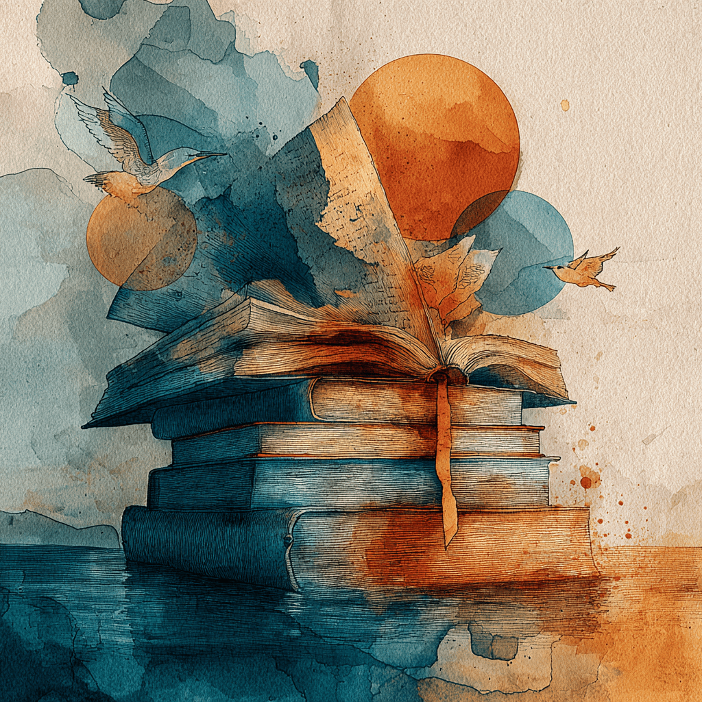 Aquarelle : pile de livres, l’un ouvert avec ruban marque-page ; éclaboussures bleu-orange, disques abstraits et deux oiseaux en vol.
