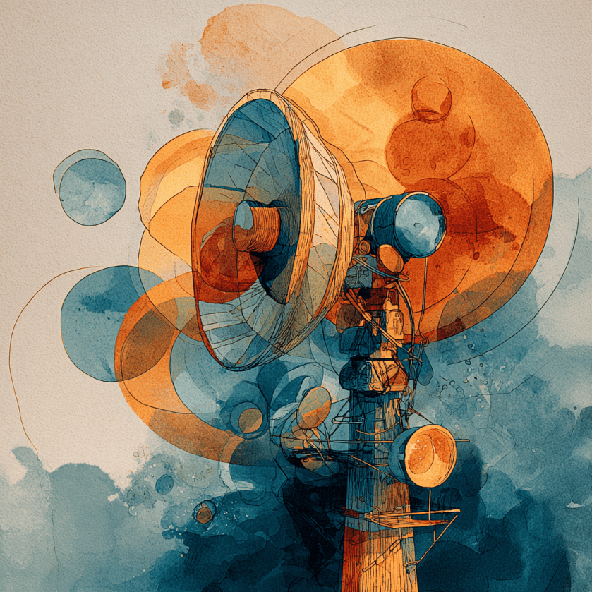 Aquarelle stylisée : pylône de télécommunication avec grandes paraboles et disques orange et bleu sur fond abstrait.