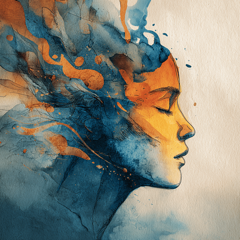Aquarelle stylisée : profil d’un visage, yeux clos, baigné de tons orange et bleu qui s’étirent en éclaboussures et volutes fluides vers la gauche.