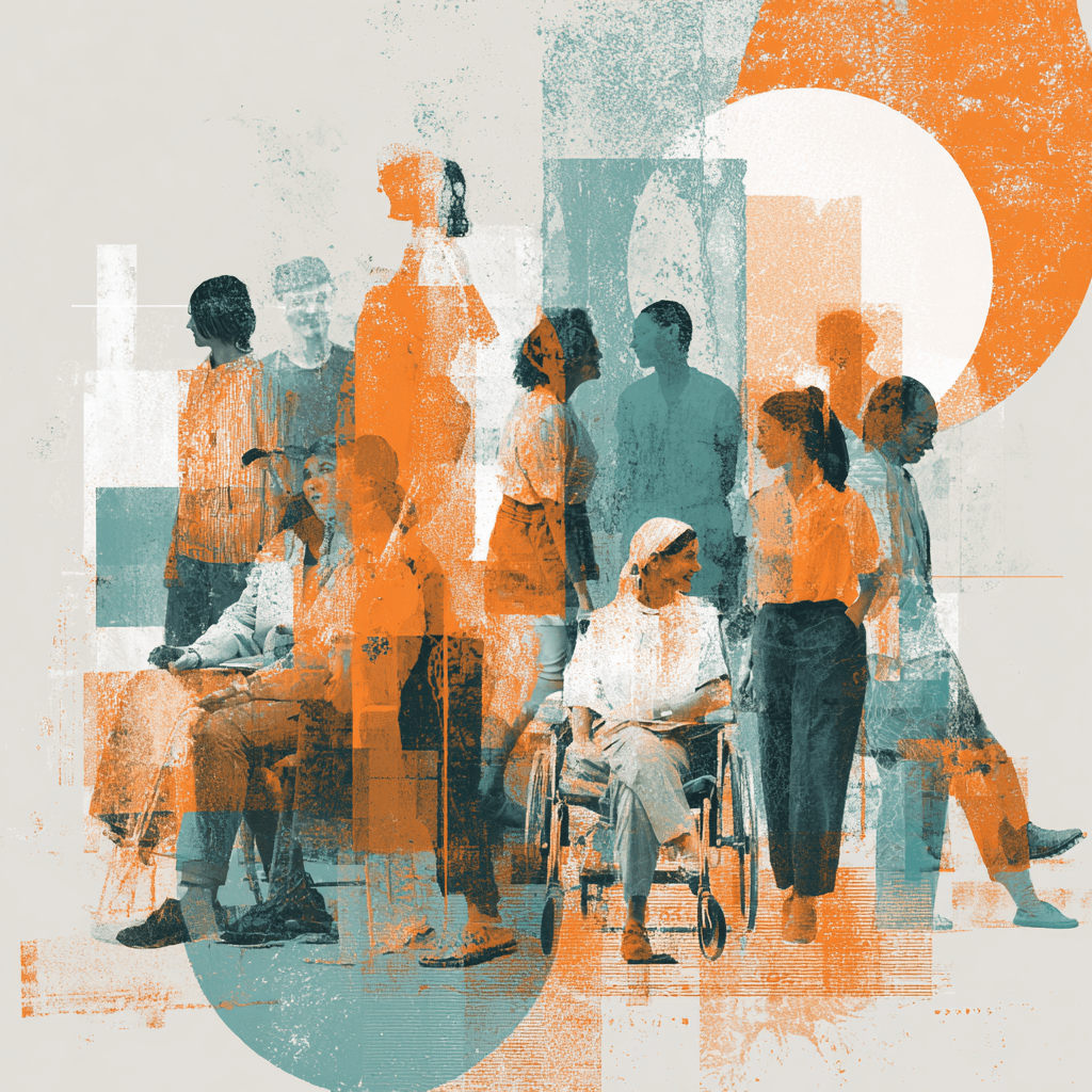 Illustration inclusive : groupe de personnes debout et assises, dont une femme en fauteuil roulant, échangeant dans un décor graphique orange et vert.