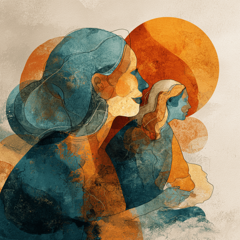 Illustration abstraite : deux femmes de profil tournées vers la droite, silhouettes superposées en bleu et orange, avec un grand cercle orange en arrière-plan.