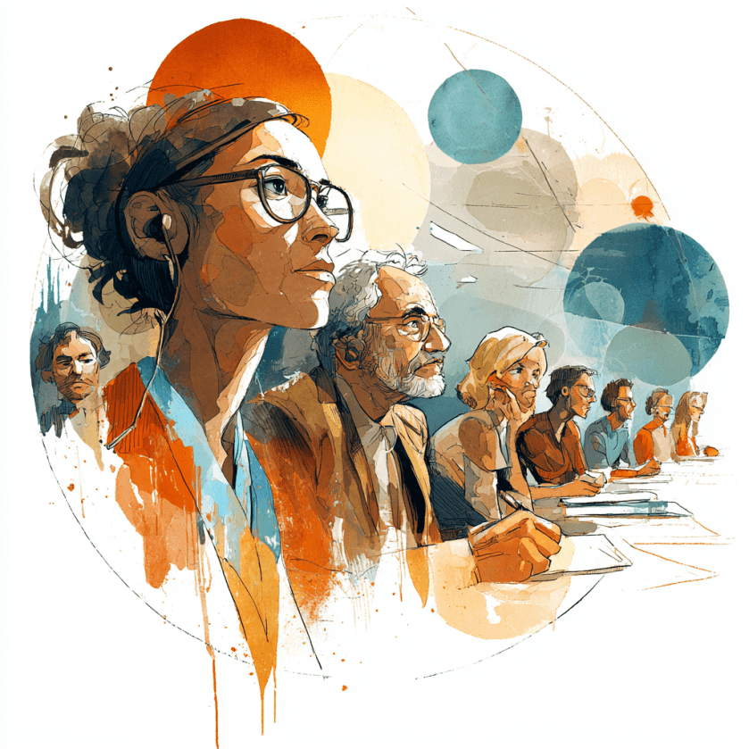 Illustration d'une réunion avec un groupe diversifié de personnes, dont une femme portant des lunettes et des écouteurs, attentivement concentrée, dans un décor graphique orange et bleu.