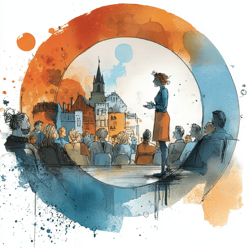 Illustration d'une conférencière debout sur une scène, s'adressant à un public derrière elle. Le décor graphique présente des bâtiments colorés en arrière-plan, avec des teintes orange et bleue.